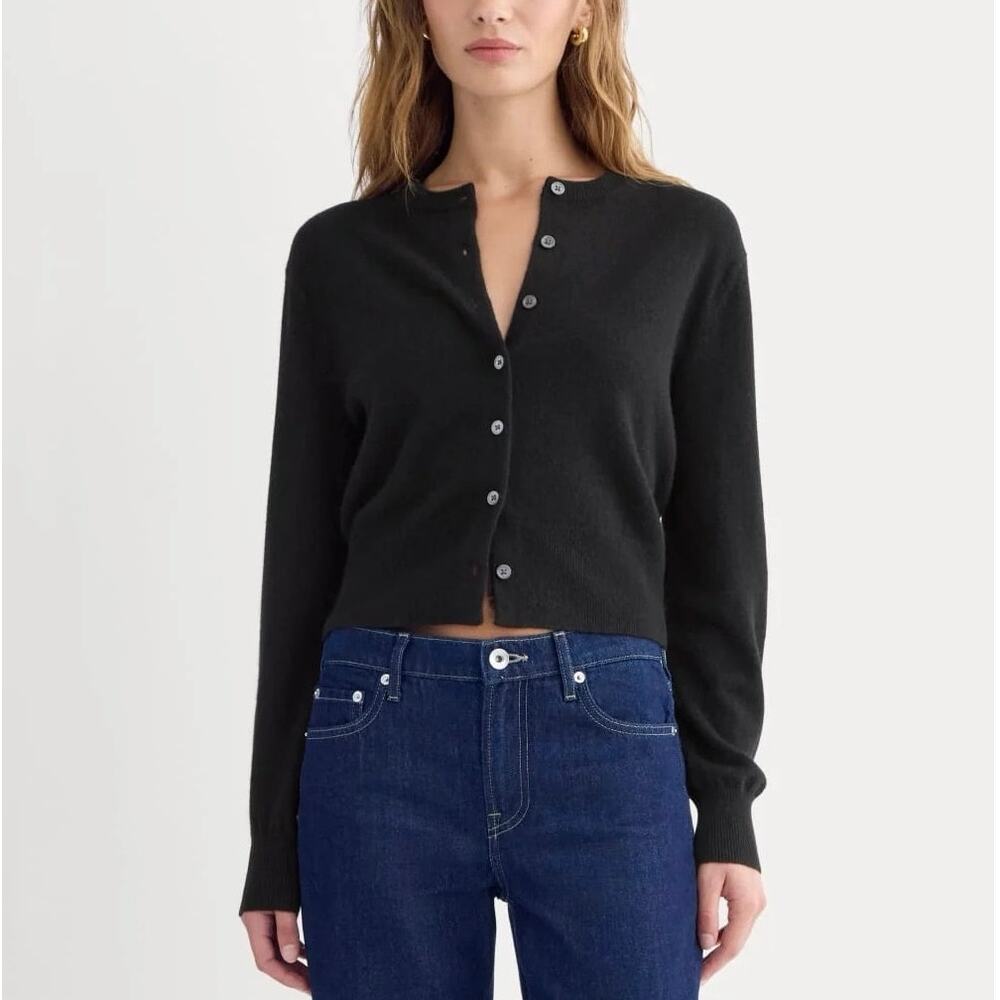NWT Everlane 100% Cashmere Button-Front Cropped Cardigan In Black Size Medium